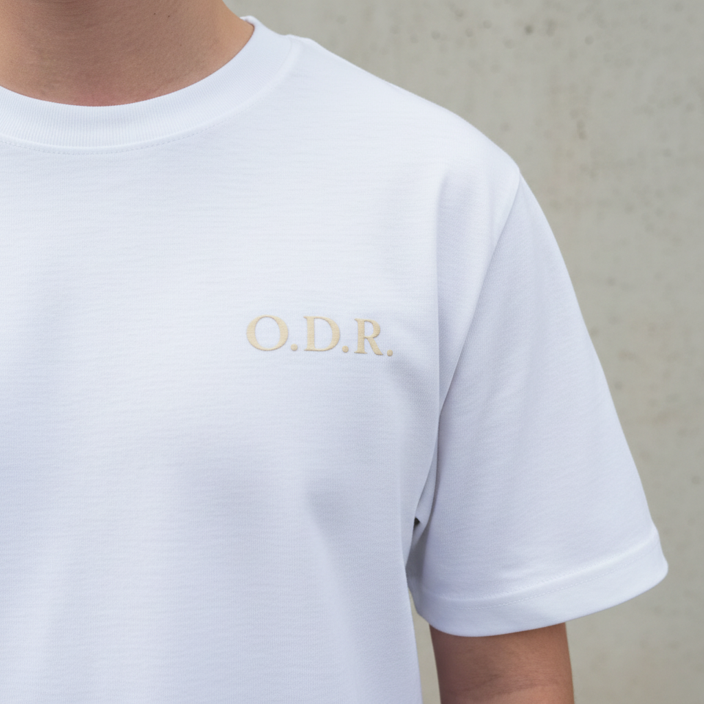 ODR Essential Tee White - Close-up front logo